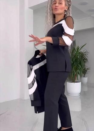 Костюм женский черный оверсайз блуза с сеткой брюки на высокой посаде качественный стильный3 фото