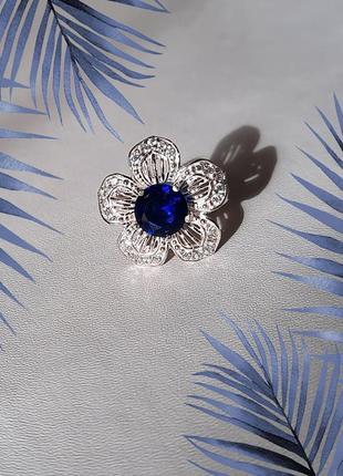 🫧 17 ; 17.5 ; 18 размер кольцо серебро цветок фианит синий7 фото