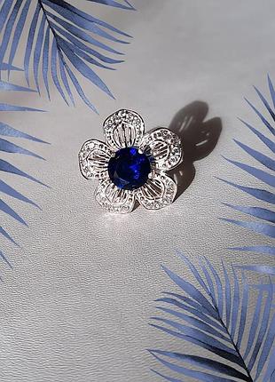 🫧 17 ; 17.5 ; 18 розмір кільце срібло квітка фіаніт синій 7