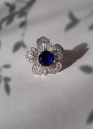 🫧 17 ; 17.5 ; 18 размер кольцо серебро цветок фианит синий8 фото