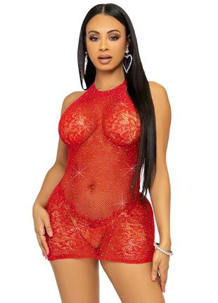 Платье-сетка со стразами leg avenue rhinestone halter mini dress red, открытая спина, one size