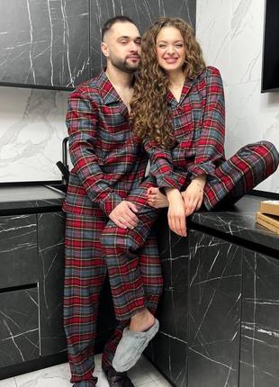 Мужской домашний комплект фланелевая пижама в клетку рубашка брюки
