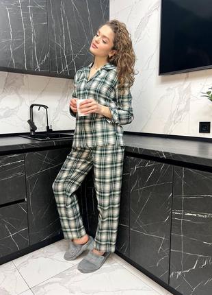Женский домашний комплект фланелевая пижама в клетку рубашка брюки6 фото