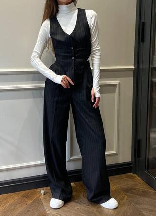 Чорний преміум костюм в стилі old money брюки палаццо+жилетка у смужку s m 🖤 преміум костюм олд мані у смужку брюки+безрукавка
