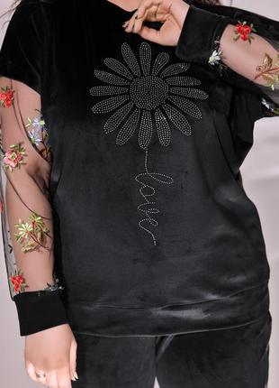 Жіночий велюровий костюм зі стразами рукава сітка з 3д аплікацією ромашка