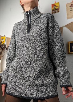 Кофта свитер с замочком воротник черно белая серая вязанная шерсть xxl xl меланжевый2 фото