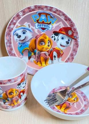 Дитячий набір посуду зі склокераміки "щенячий патруль"для дівчинки4 фото