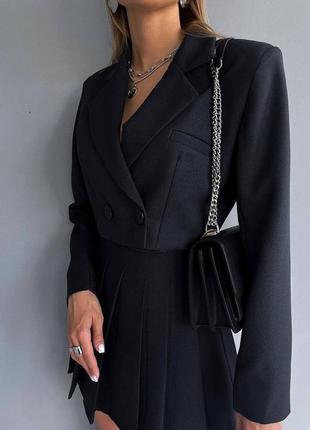 Костюм женский однотонный укороченный оверсайз пиджак на пуговице юбка короткая на высокой посадке качественный стильный трендовый черный2 фото