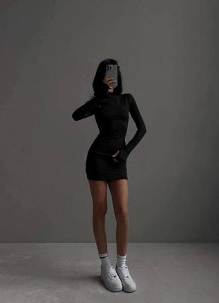 Платье короткое черное однотонное на длинный рукав приталено качественная стильная базовая6 фото