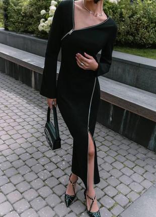 Женское длинное платье в обтяжку стильное на молнии с разрезом подчеркивает фигуру длинный рукав черный1 фото