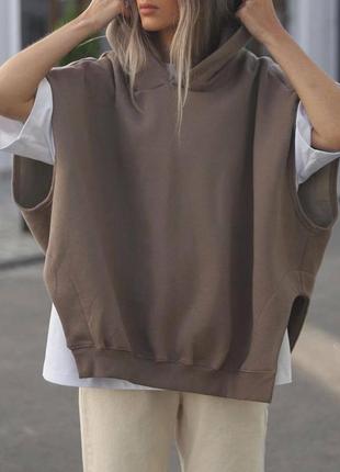 Женская худи кофта с капюшоном теплая удобная спортивная весна осень базовая без рукавов мокко, черный, меланж2 фото
