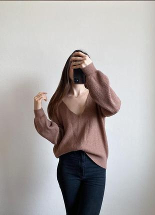 Базовий коричневий светр джемпер review з вовною v-виріз