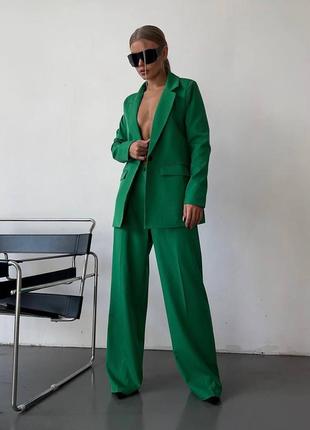 Костюм женский однотонный классический оверсайз пиджак на пуговице брюки свободного кроя на высокой посадке качественный базовый зеленый