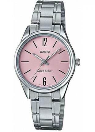 Жіночий годинник casio ltp-v005d-4b, рожевий зі срібним браслетом