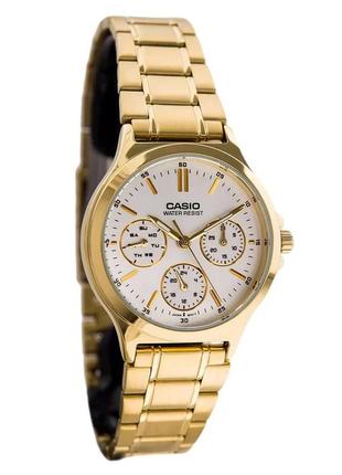 Жіночий годинник casio ltp-v300g-7audf, білий із золотим браслетом