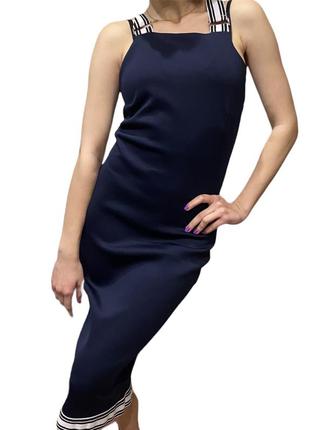 Стильное синее платье / сарафан (миди) с широкими полосатыми лямками