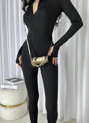 Модный женский комбинезон приталенный на молнии длинный рукав черного цвета демисезонный микродайвинг6 фото
