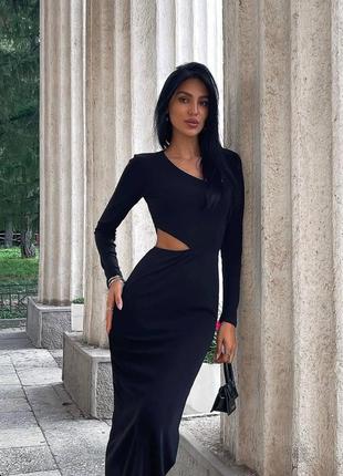 Женское длинное платье в обтяжку стильное модное с разрезом подчеркивает фигуру длинный рукав черный2 фото