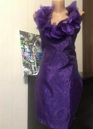 Шикарное мини платье фиолетовое с воротником цветы под органза
