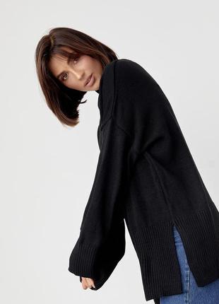 Женский вязаный свитер oversize с разрезами по бокам - черный цвет, s (есть размеры)2 фото