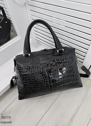Жіноча стильна та якісна сумка з еко шкіри на 2 відділи чорна рептилія8 фото