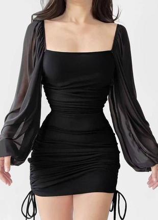 Женское изящное легкое классическое маленькое черное платье мини короткое длинный рукав весна лето в обтяжку2 фото