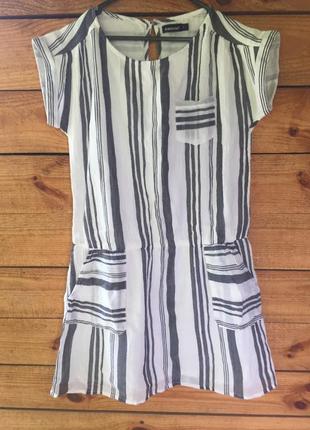 Літній супер легке плаття-туніка 143-155 см/12 біле,смужка світло-сіра.