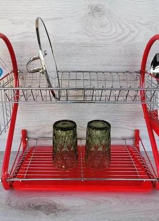 Настольная сушилка для посуды с поддоном (2 яруса) edenberg красная, сушка нержавеющей стали2 фото