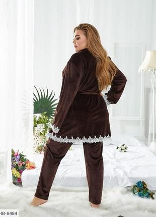 Домашній красивий піжамний халат-кардиган з мереживом під пояс і штани великих розмірів 48-64 арт 8043 фото