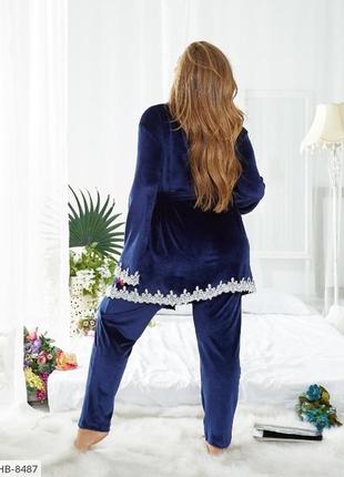 Домашній красивий піжамний халат-кардиган з мереживом під пояс і штани великих розмірів 48-64 арт 8042 фото