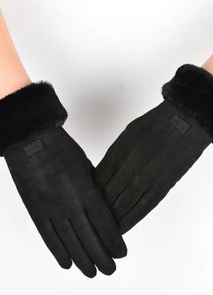 Женские замшевые перчатки fashion сенсор подкладка мех черные