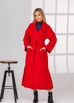 Довге кашемірове пальто на підкладці на запах з накладними кишенями