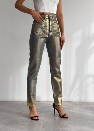 Різні кольори срібло золото бронза напилення  джинси мом бойфренди висока котон посадка завужені широкі прямі банани прямі цупкі щільні mom8 фото