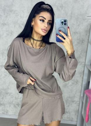 Женский домашний костюм, пижама,кофточка+шорты+резиночка для волос