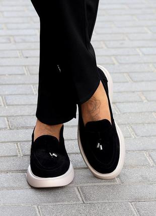 Чорні замшеві туфлі лофери натуральна замша на бежевій підошві 167276 фото