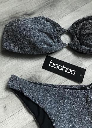 Шикарный новый блестящий купальник люрекс boohoo, с чашками, с металлическим кольцом s-m5 фото