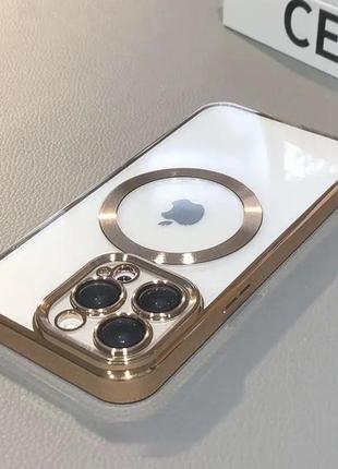 Прозрачно-золотой чехол magsafe для iphone 15 pro и защитой на камеру4 фото