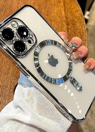 Прозрачно-срібний чехол для iphone 15 pro magsafe та захистом на камеру