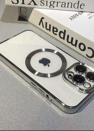 Прозрачно-срібний чехол для iphone 15 pro magsafe та захистом на камеру4 фото