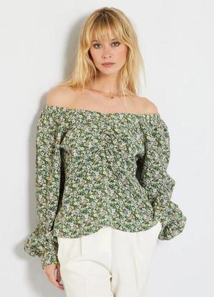 Зеленая блуза топ в цветы вискоза kiabi пышный рукав
