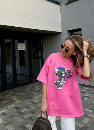 Качественная женская базовая розовая футболка с принтом tom & jerry оверсайз oversize том и джерри