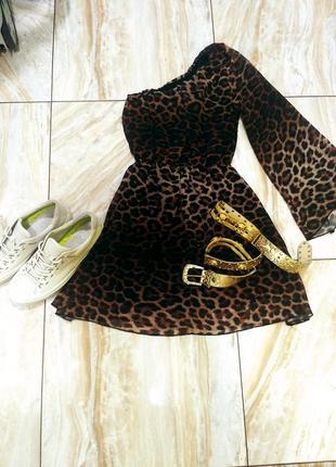 Шифоновое платье туника на одно плечо леопардовый животный принт2 фото