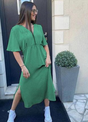Женское стильное платье тренд базовое длинное с разрезом легкое закрытый верх короткий рукав синий зеленый3 фото