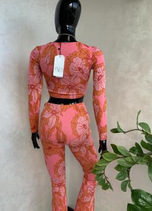 Zara бомбезный летний яркий закатовый костюм топ и брюки10 фото
