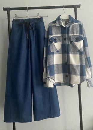 Костюм двойка для девочки подростка с байковой рубашкой и брюками палаццо голубой 2-ка рубашка рубашка + джинсовые брюки штаны палаццо7 фото