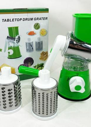 Овощерезка мультислайсер tabletop drum grater kitchen master терка для овощей и фруктов 3 насадки. цвет: зеленый
