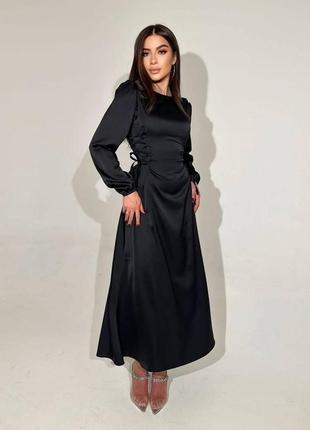 Черное длинное атласное шелковое платье5 фото