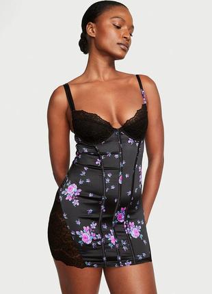 Ночная рубашка victoria's secret stretch satin corset mini dress, черный xs