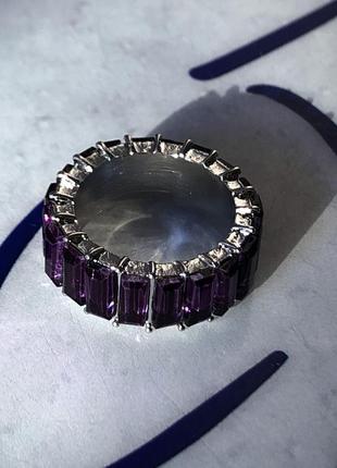 Кільце колечко каблучка широке доріжка з камінням камінчиками діамантами стразами квадратними сріблясте фіолетове розмір 17