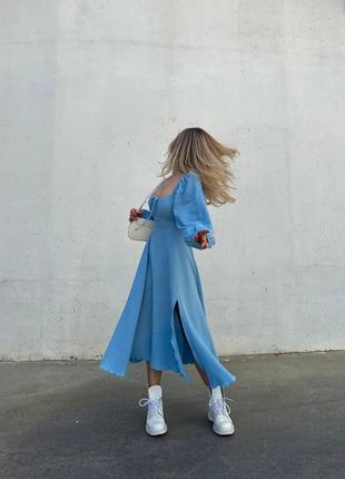 Женское легкое длинное голубое муслиновое платье миди на шнуровке, платье голубое